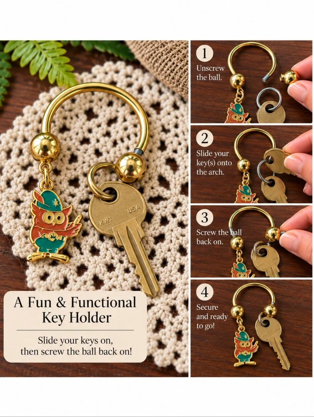 Vintage 1970s Woodsy Owl Enamel Horseshoe Screwball Key Ring NOS Vintage Gift
